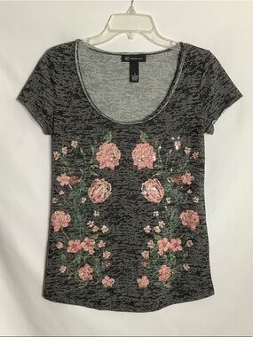 INC Gray Burnout Tee with Pink Sequin Floral Design Size S
